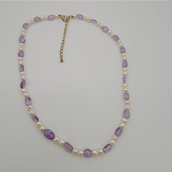 NEW Amethyst and Freshwater Pearl Necklace with Yellow Gold Clasp - Picture 5 of 6